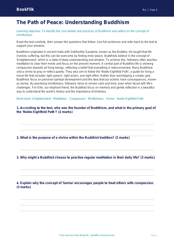 Free Buddhism Comprehension | Year 5 Greater Depth | BookFlik worksheet preview — Re Buddhism