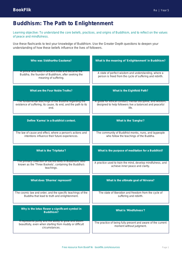 Free Buddhism Flashcards | Year 5 Greater Depth | BookFlik worksheet preview — Re Buddhism