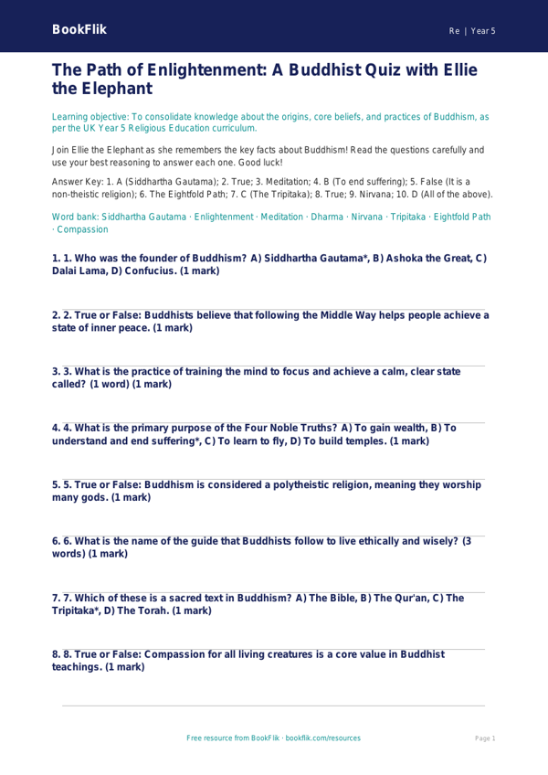 Free Buddhism Quiz | Year 5 Greater Depth | BookFlik worksheet preview — Re Buddhism