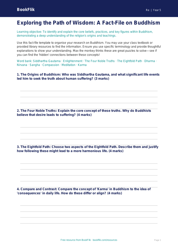 Free Buddhism Template | Year 5 Greater Depth | BookFlik worksheet preview — Re Buddhism