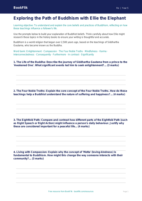 Free Buddhism Writing Frame | Year 5 Greater Depth | BookFlik worksheet preview — Re Buddhism