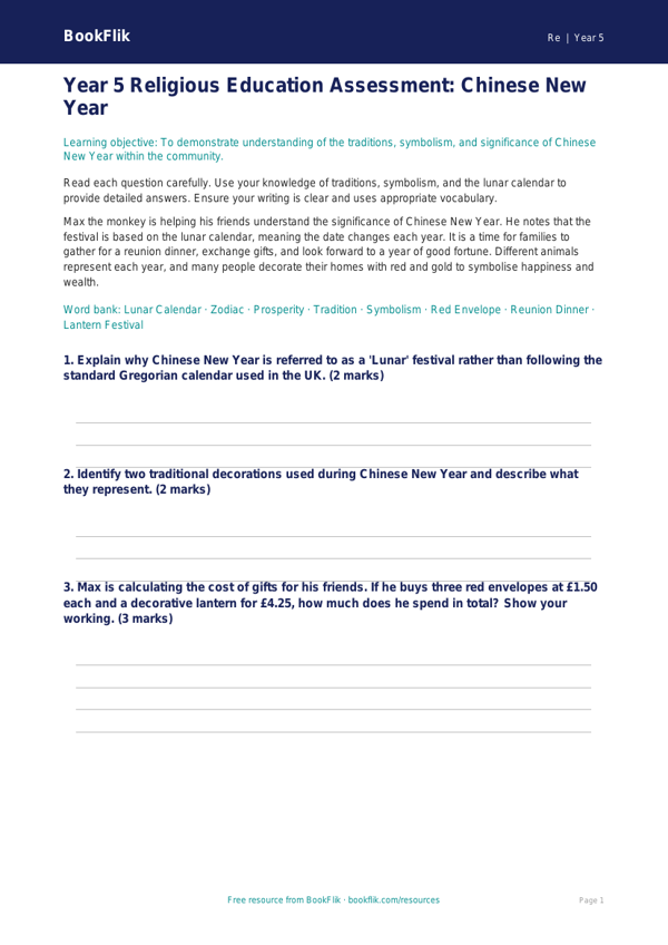 Free Chinese New Year Assessment | Year 5 Greater Depth | BookFlik worksheet preview — Re Chinese New Year