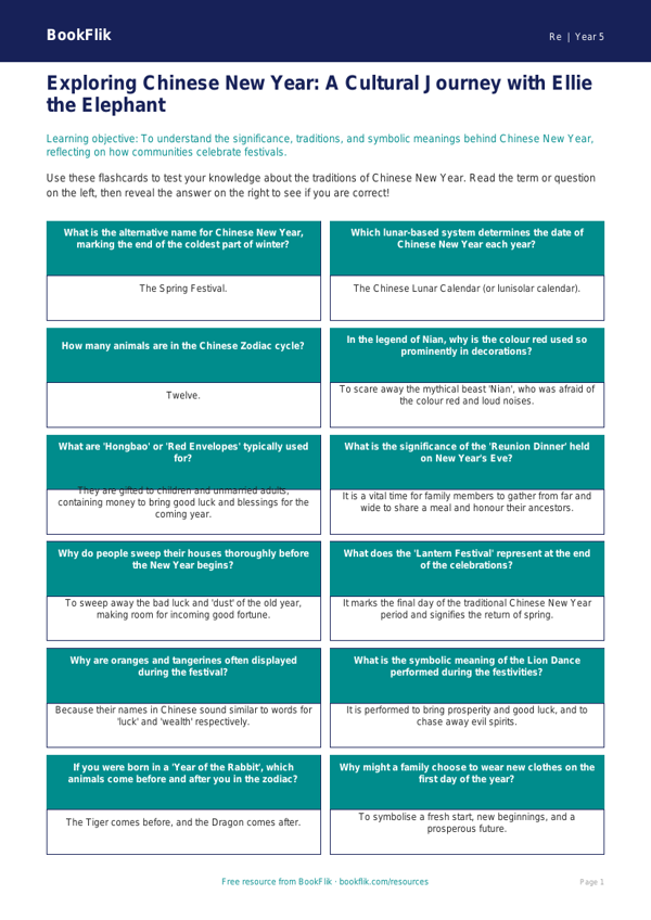 Free Chinese New Year Flashcards | Year 5 Greater Depth | BookFlik worksheet preview — Re Chinese New Year