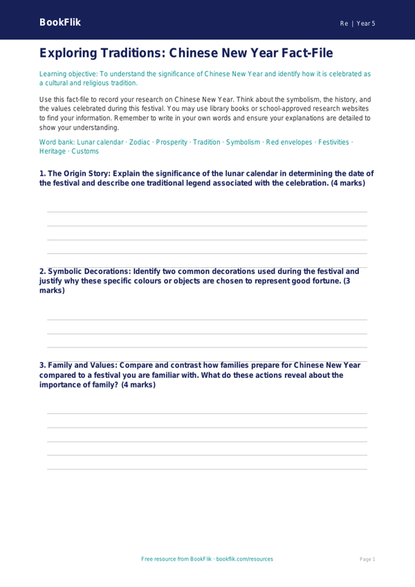 Free Chinese New Year Template | Year 5 Greater Depth | BookFlik worksheet preview — Re Chinese New Year