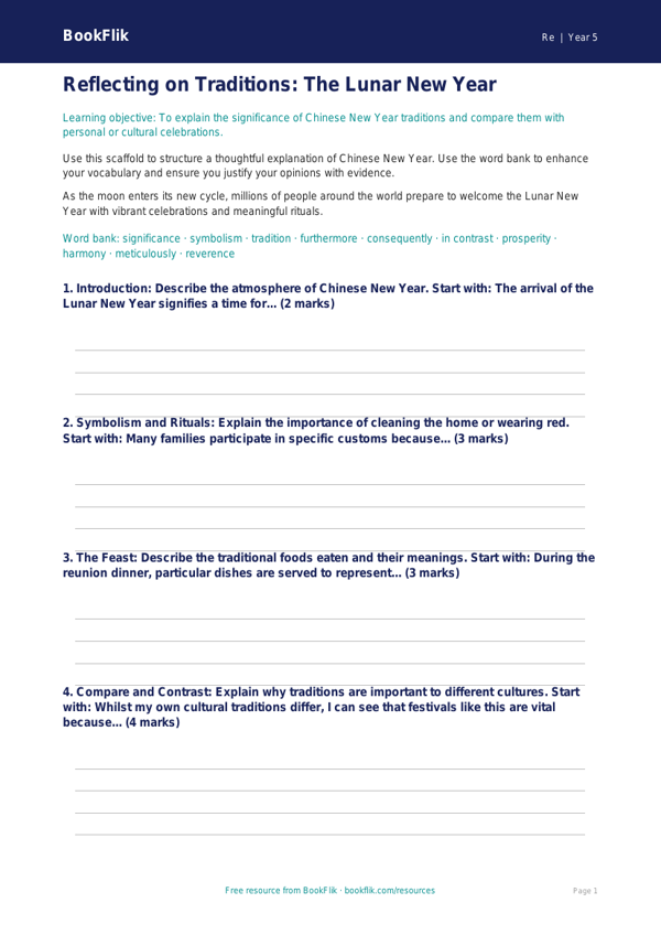 Free Chinese New Year Writing Frame | Year 5 Greater Depth | BookFlik worksheet preview — Re Chinese New Year
