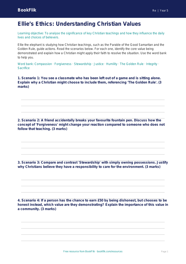 Free Christianity Activity Sheet | Year 5 Greater Depth | BookFlik worksheet preview — Re Christianity