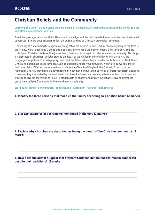 Free Christianity Comprehension | Year 5 Greater Depth | BookFlik worksheet preview — Re Christianity