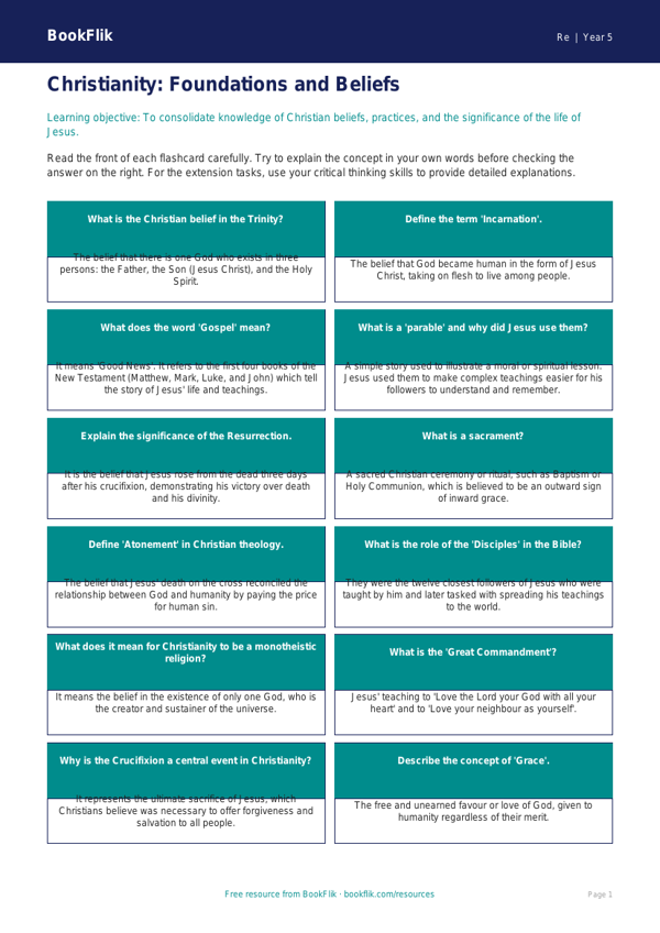 Free Christianity Flashcards | Year 5 Greater Depth | BookFlik worksheet preview — Re Christianity