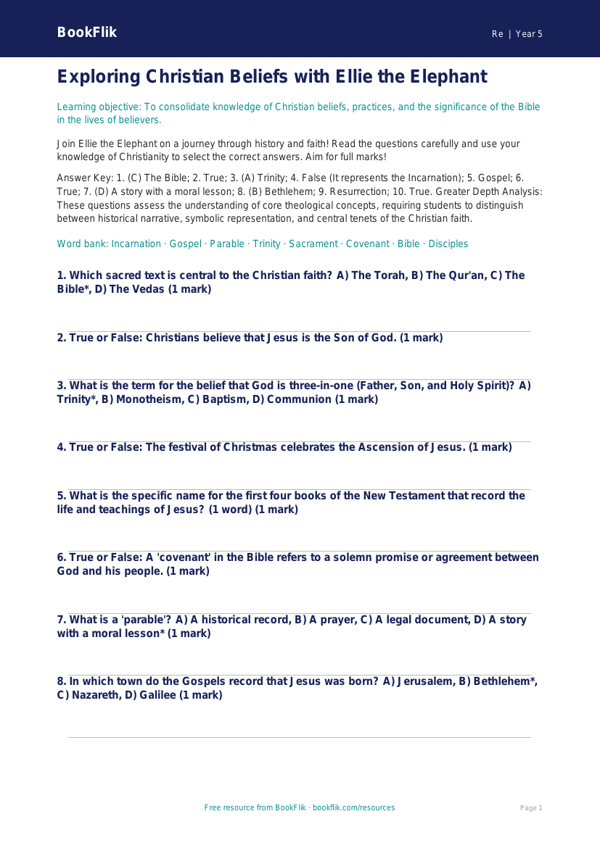 Free Christianity Quiz | Year 5 Greater Depth | BookFlik worksheet preview — Re Christianity