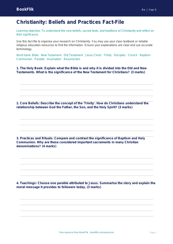 Free Christianity Template | Year 5 Greater Depth | BookFlik worksheet preview — Re Christianity