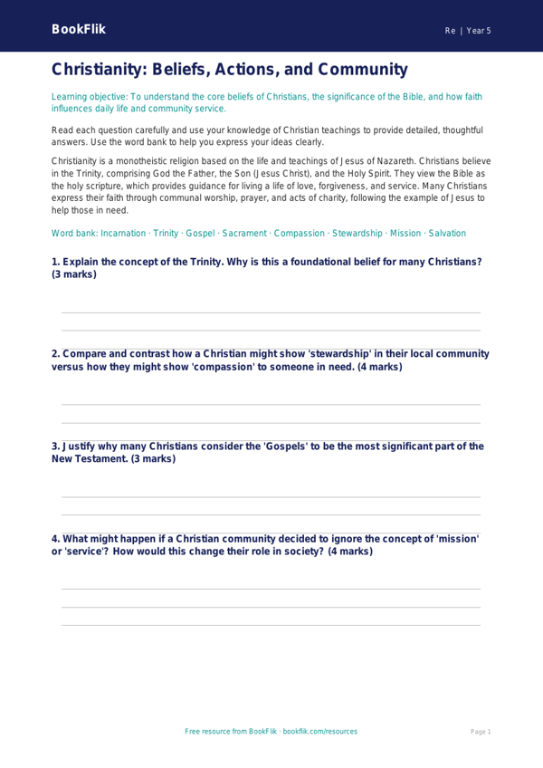 Free Christianity Worksheet | Year 5 Greater Depth | BookFlik worksheet preview — Re Christianity