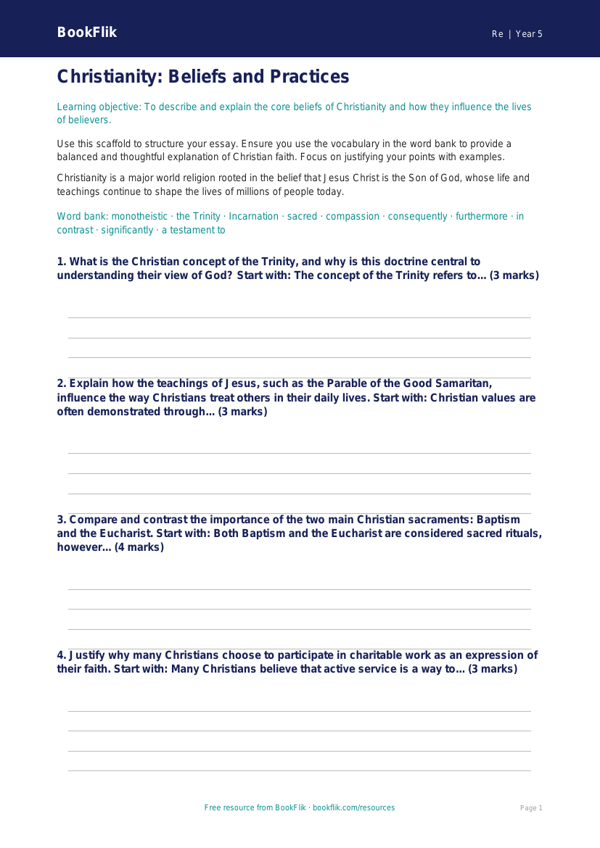 Free Christianity Writing Frame | Year 5 Greater Depth | BookFlik worksheet preview — Re Christianity