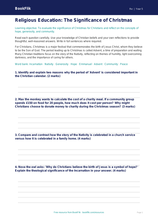 Free Christmas Assessment | Year 5 Greater Depth | BookFlik worksheet preview — Re Christmas
