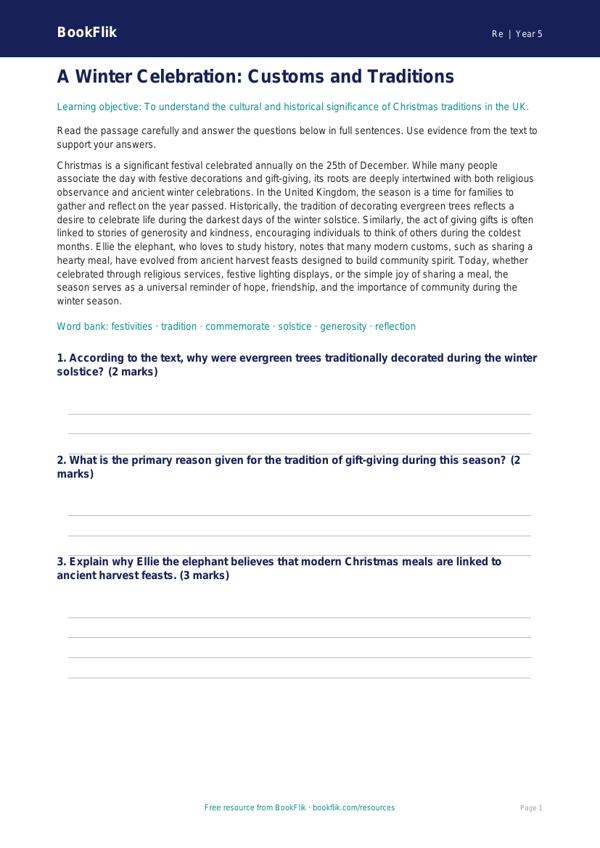Free Christmas Comprehension | Year 5 Greater Depth | BookFlik worksheet preview — Re Christmas