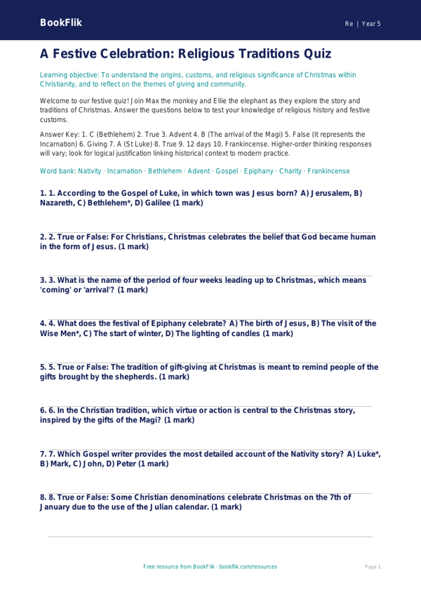 Free Christmas Quiz | Year 5 Greater Depth | BookFlik worksheet preview — Re Christmas