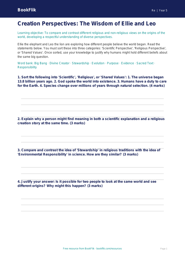 Free Creation Stories Activity Sheet | Year 5 Greater Depth | BookFlik worksheet preview — Re Creation Stories