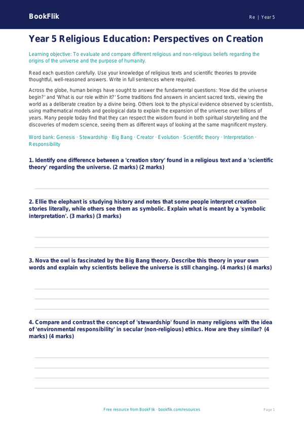 Free Creation Stories Assessment | Year 5 Greater Depth | BookFlik worksheet preview — Re Creation Stories
