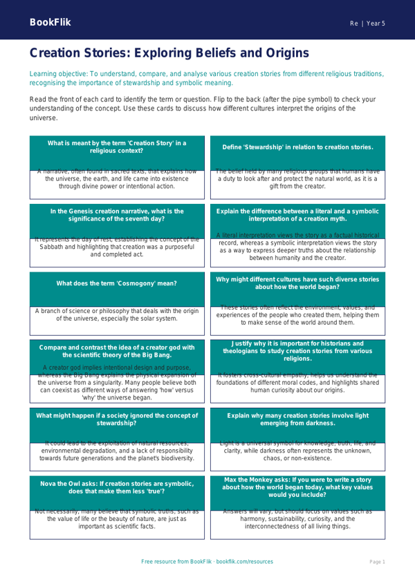 Free Creation Stories Flashcards | Year 5 Greater Depth | BookFlik worksheet preview — Re Creation Stories
