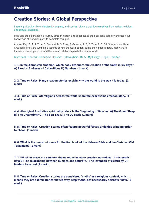 Free Creation Stories Quiz | Year 5 Greater Depth | BookFlik worksheet preview — Re Creation Stories