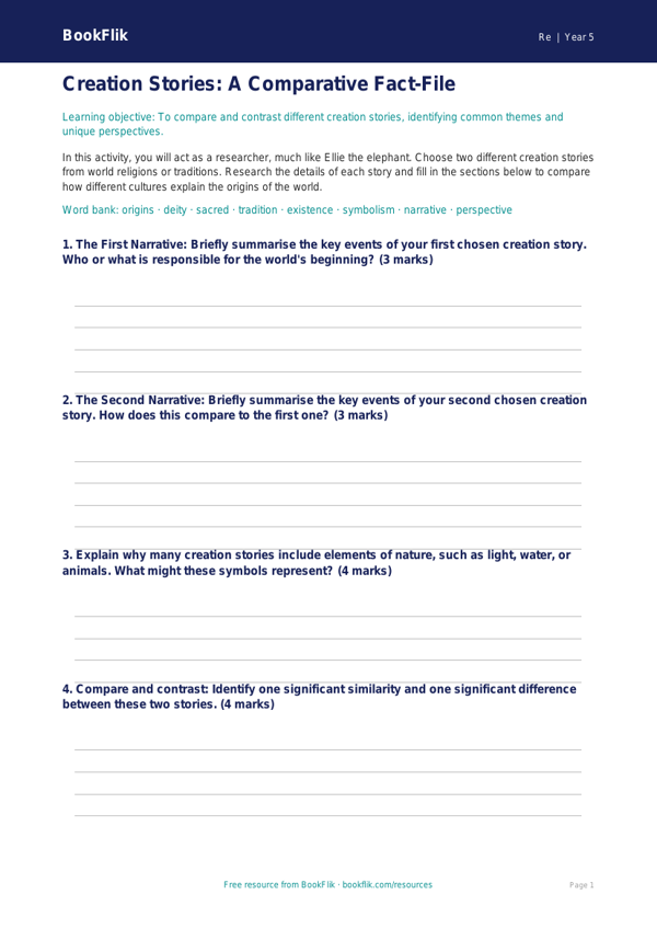 Free Creation Stories Template | Year 5 Greater Depth | BookFlik worksheet preview — Re Creation Stories