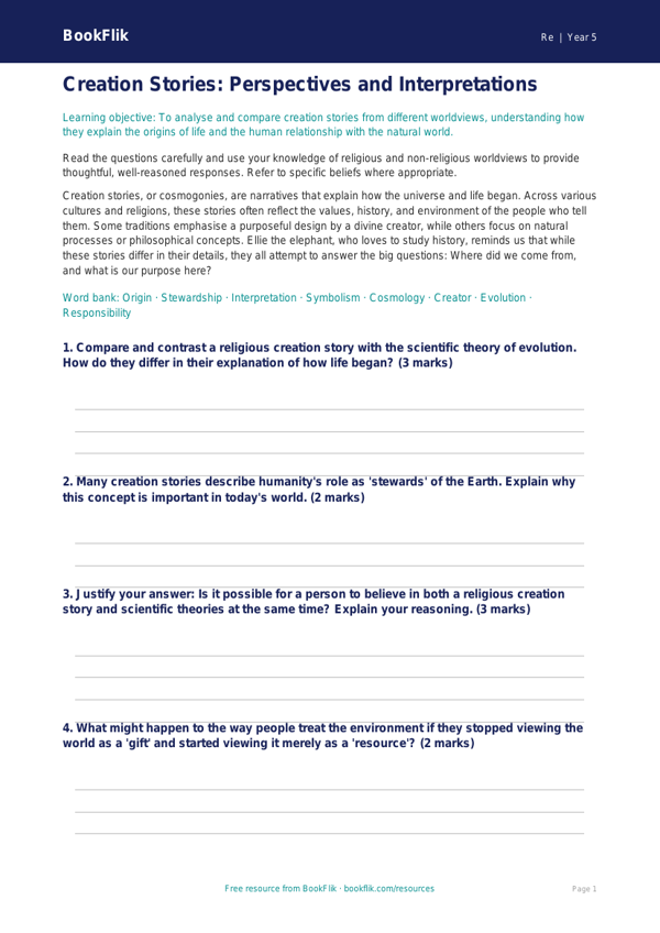 Free Creation Stories Worksheet | Year 5 Greater Depth | BookFlik worksheet preview — Re Creation Stories