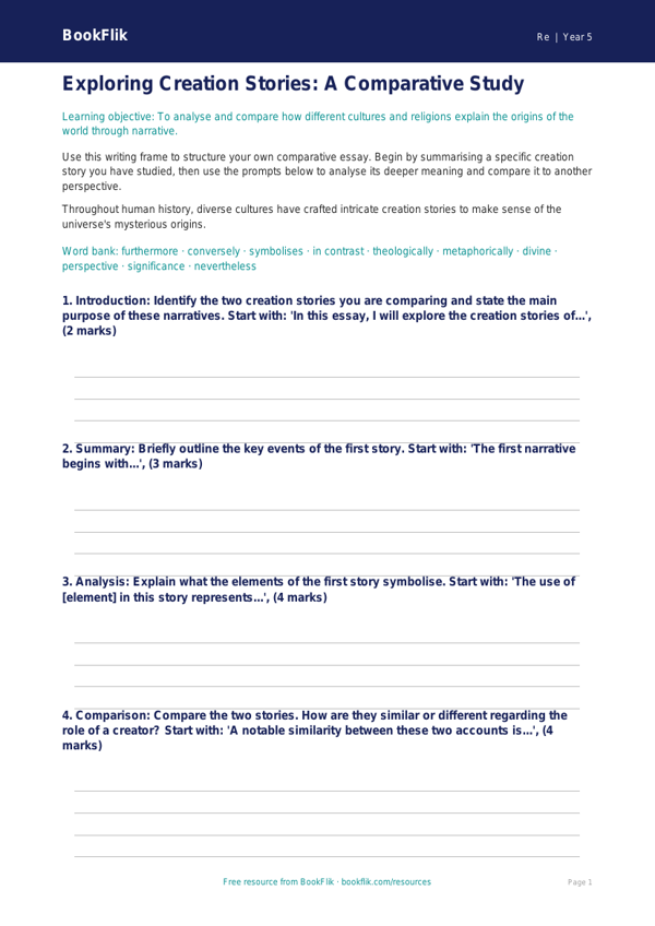 Free Creation Stories Writing Frame | Year 5 Greater Depth | BookFlik worksheet preview — Re Creation Stories