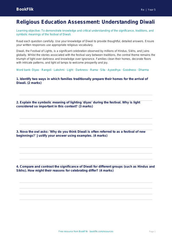 Free Diwali Assessment | Year 5 Greater Depth | BookFlik worksheet preview — Re Diwali