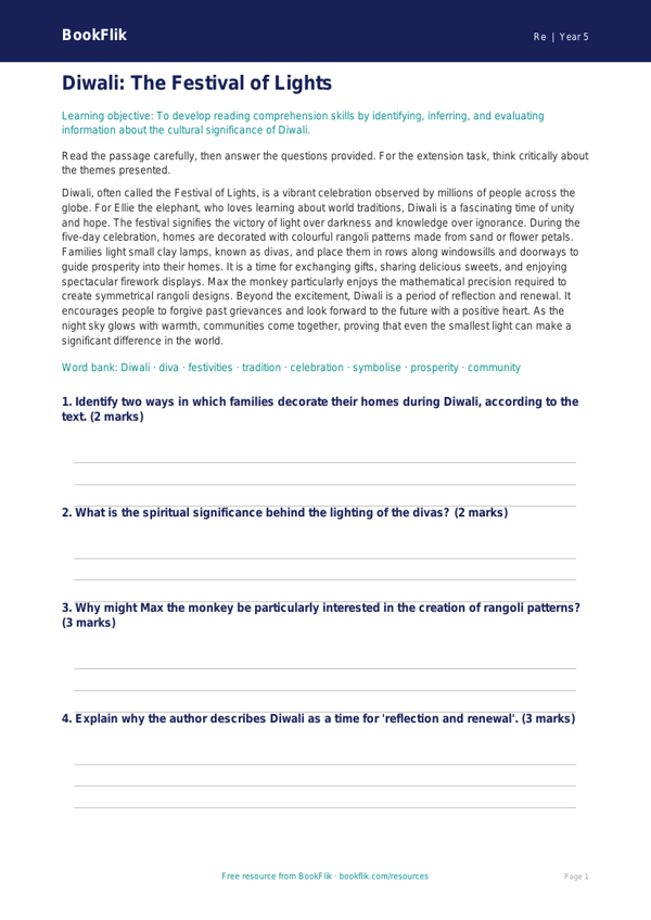 Free Diwali Comprehension | Year 5 Greater Depth | BookFlik worksheet preview — Re Diwali