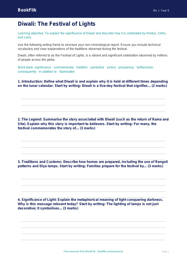 Free Diwali Writing Frame | Year 5 Greater Depth | BookFlik worksheet preview — Re Diwali