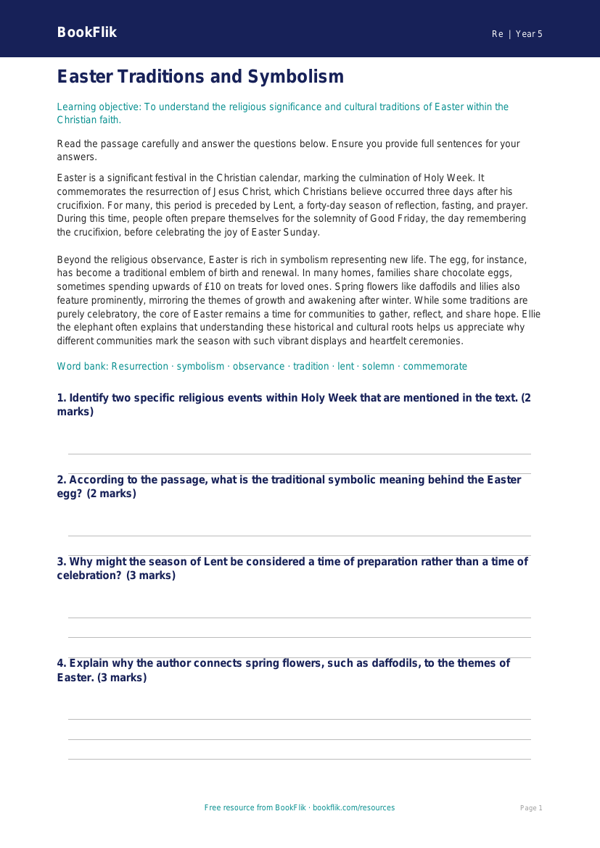 Free Easter Comprehension | Year 5 Greater Depth | BookFlik worksheet preview — Re Easter