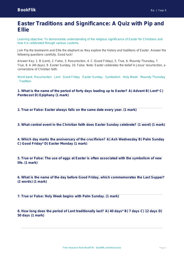 Free Easter Quiz | Year 5 Greater Depth | BookFlik worksheet preview — Re Easter