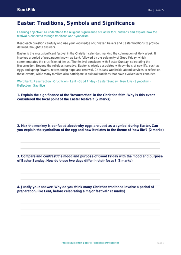 Free Easter Worksheet | Year 5 Greater Depth | BookFlik worksheet preview — Re Easter