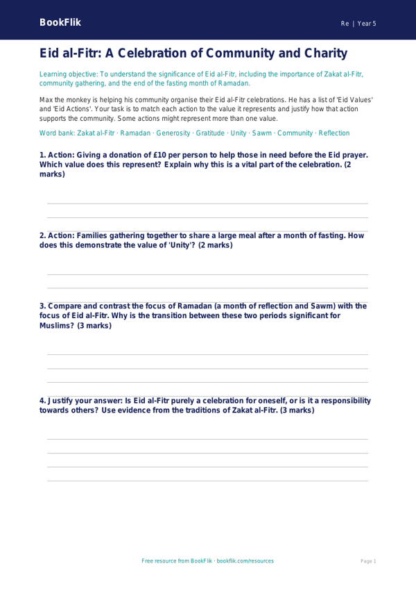 Free Eid Activity Sheet | Year 5 Greater Depth | BookFlik worksheet preview — Re Eid
