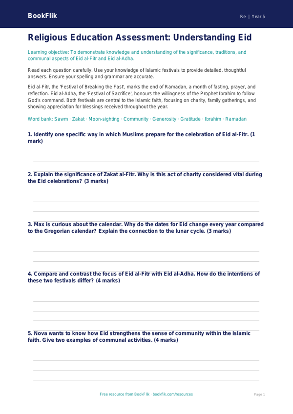 Free Eid Assessment | Year 5 Greater Depth | BookFlik worksheet preview — Re Eid