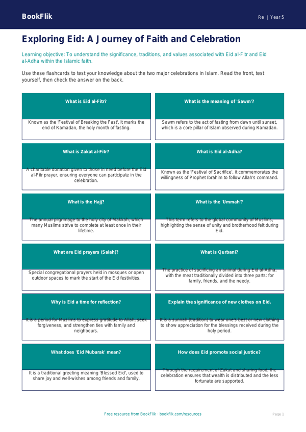 Free Eid Flashcards | Year 5 Greater Depth | BookFlik worksheet preview — Re Eid