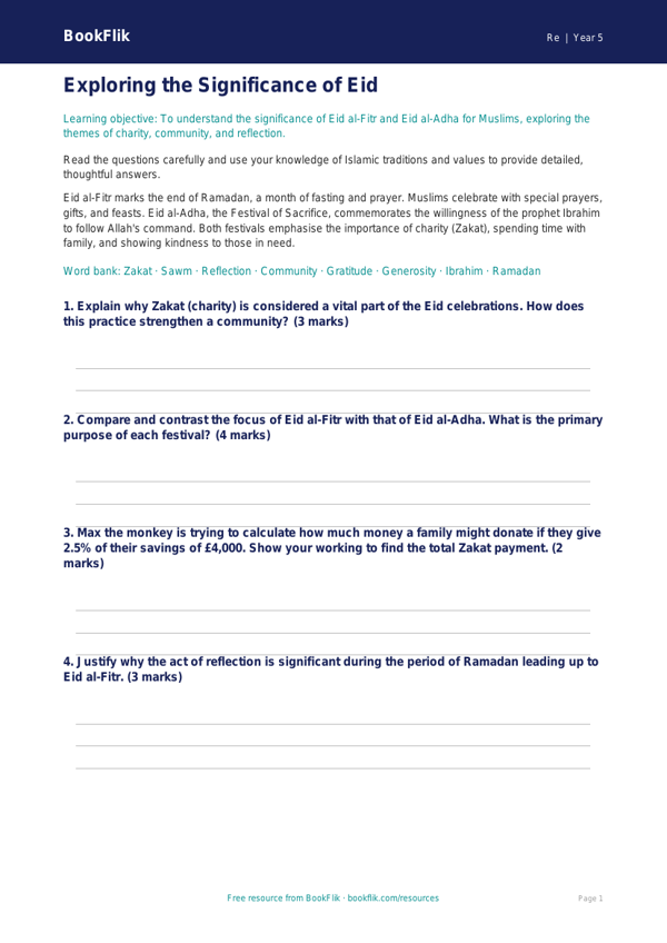 Free Eid Worksheet | Year 5 Greater Depth | BookFlik worksheet preview — Re Eid