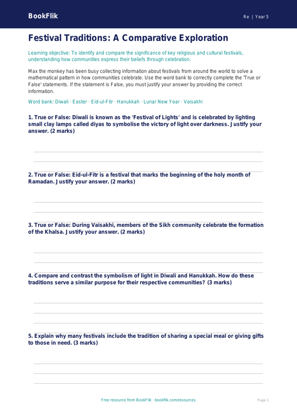 Free Festivals Activity Sheet | Year 5 Greater Depth | BookFlik worksheet preview — Re Festivals