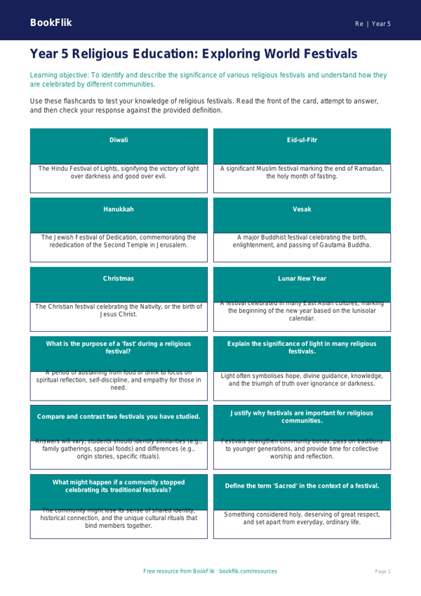 Free Festivals Flashcards | Year 5 Greater Depth | BookFlik worksheet preview — Re Festivals