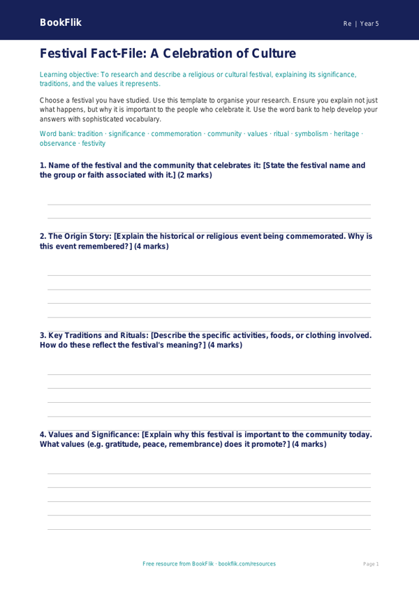Free Festivals Template | Year 5 Greater Depth | BookFlik worksheet preview — Re Festivals