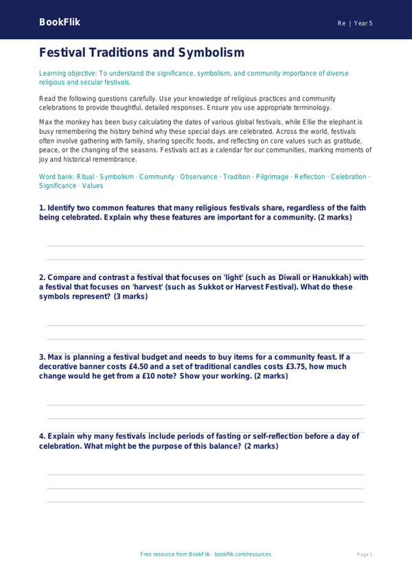Free Festivals Worksheet | Year 5 Greater Depth | BookFlik worksheet preview — Re Festivals