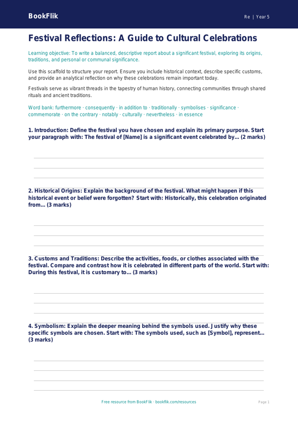 Free Festivals Writing Frame | Year 5 Greater Depth | BookFlik worksheet preview — Re Festivals