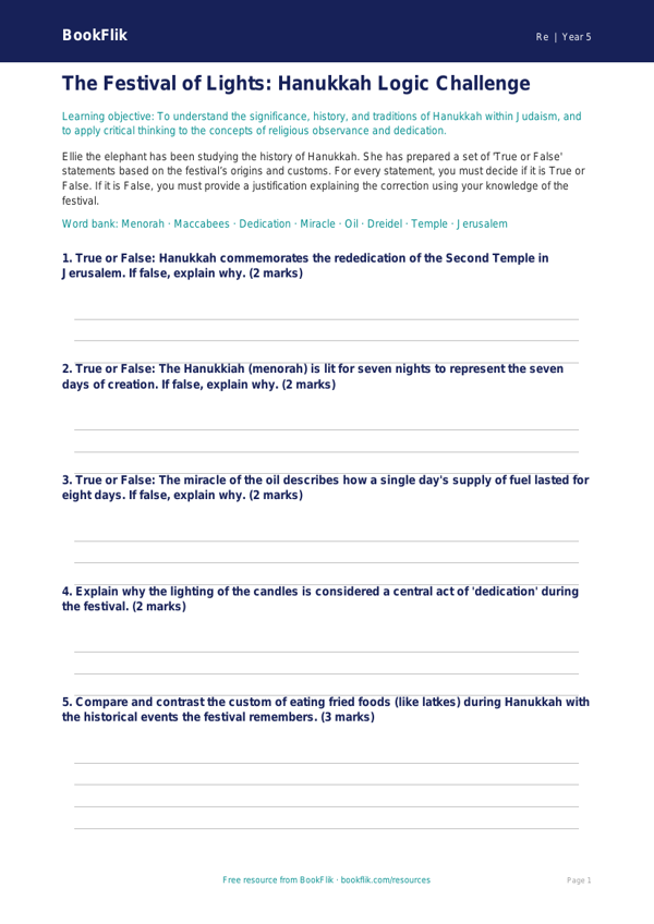 Free Hanukkah Activity Sheet | Year 5 Greater Depth | BookFlik worksheet preview — Re Hanukkah