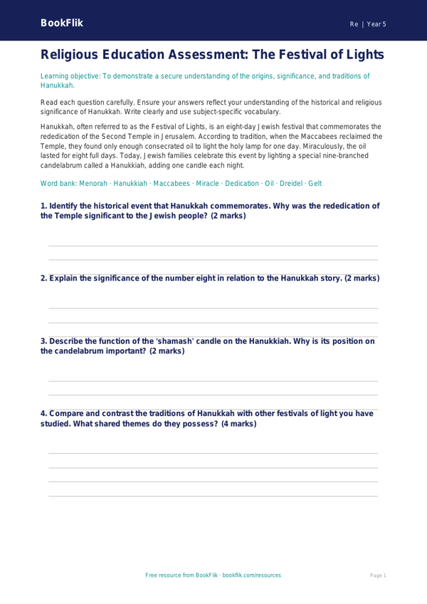 Free Hanukkah Assessment | Year 5 Greater Depth | BookFlik worksheet preview — Re Hanukkah