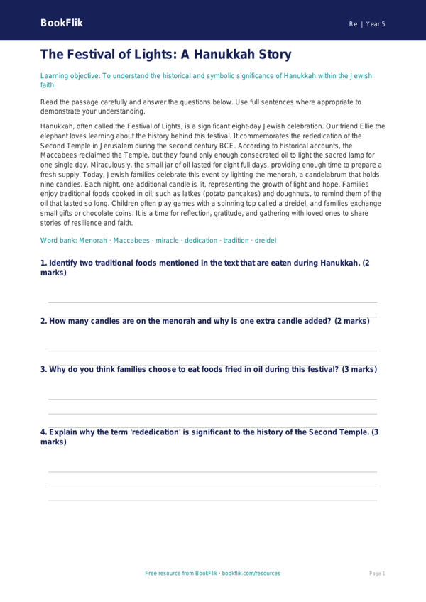 Free Hanukkah Comprehension | Year 5 Greater Depth | BookFlik worksheet preview — Re Hanukkah