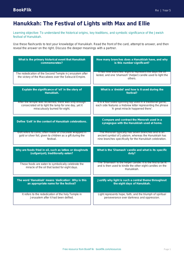 Free Hanukkah Flashcards | Year 5 Greater Depth | BookFlik worksheet preview — Re Hanukkah
