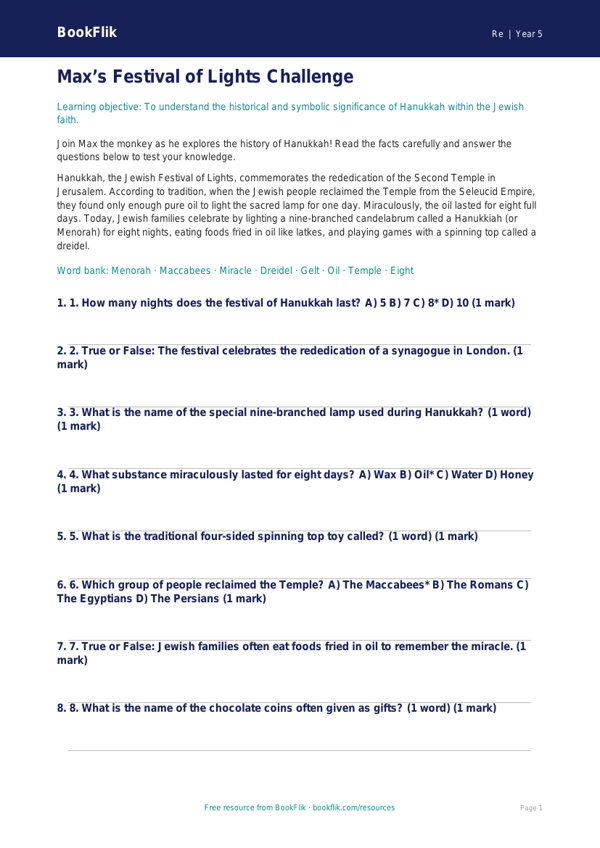 Free Hanukkah Quiz | Year 5 Greater Depth | BookFlik worksheet preview — Re Hanukkah