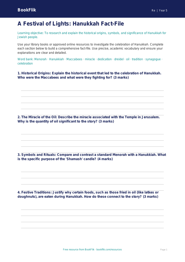Free Hanukkah Template | Year 5 Greater Depth | BookFlik worksheet preview — Re Hanukkah