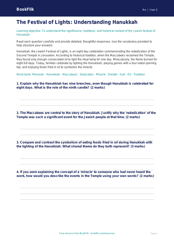Free Hanukkah Worksheet | Year 5 Greater Depth | BookFlik worksheet preview — Re Hanukkah