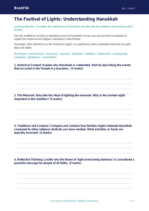 Free Hanukkah Writing Frame | Year 5 Greater Depth | BookFlik worksheet preview — Re Hanukkah