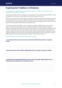 Free Hinduism Comprehension | Year 5 Greater Depth | BookFlik
